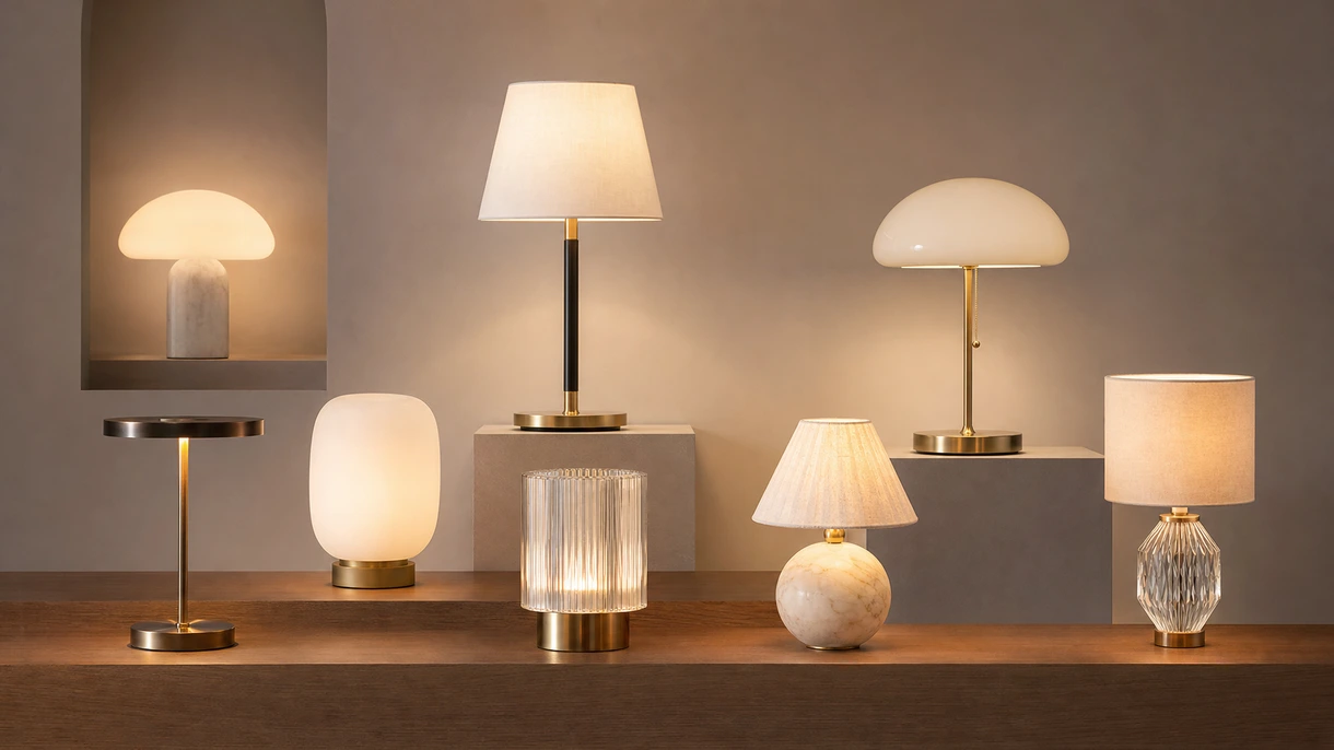 Moderne Architektur-Tischlampe zur Beleuchtung eines professionellen Arbeitsplatzes in einem zeitgenössischen Großraumbüro mit natürlichem Licht.