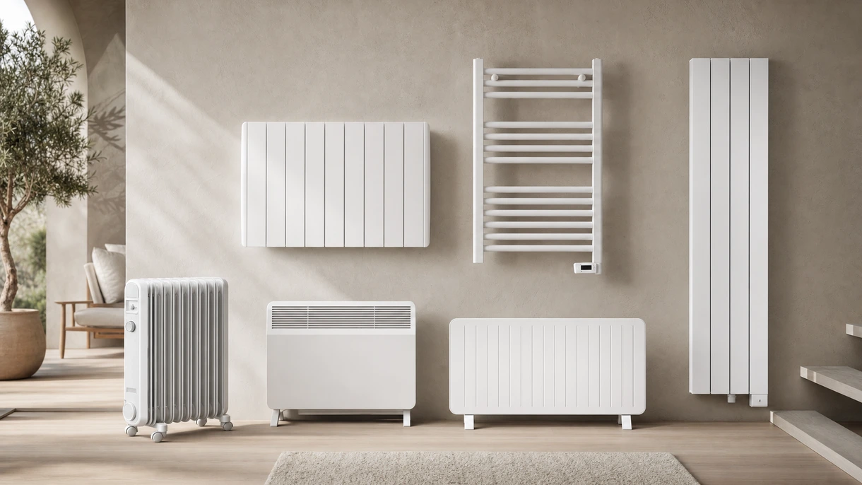 Moderner Designer-Elektroheizkörper in einer minimalistischen High-End-Bürolounge für diskrete und effiziente Klimatisierung.