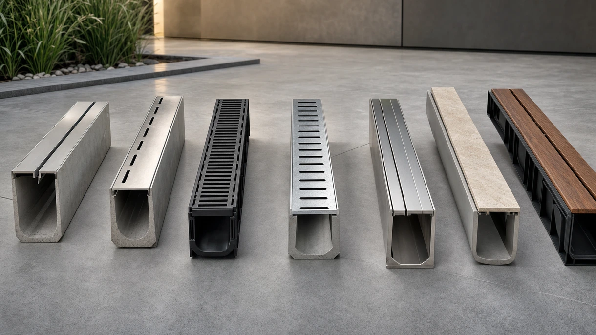 Architektonische Schlitz-Abflussrinne, integriert in einen modernen Granit-Fußgängerplatz für diskretes und effizientes Wassermanagement.