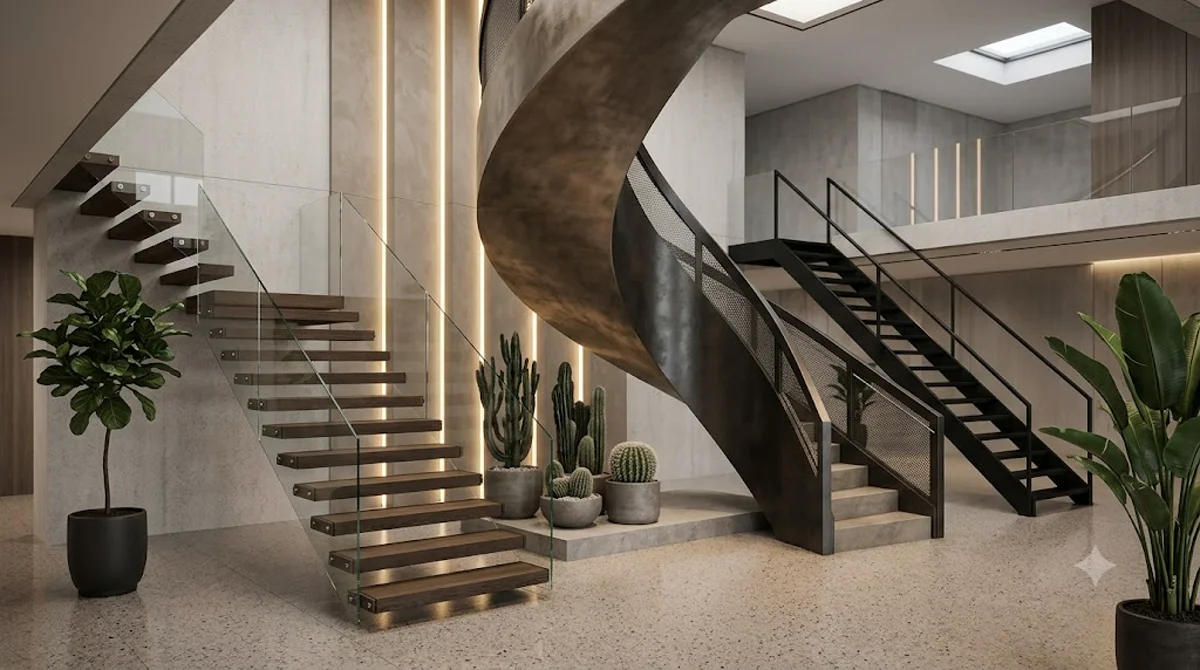 Moderne architektonische Metalltreppe mit Glasgeländer in einer hochfrequentierten gewerblichen Lobby eines zeitgenössischen Bürogebäudes.