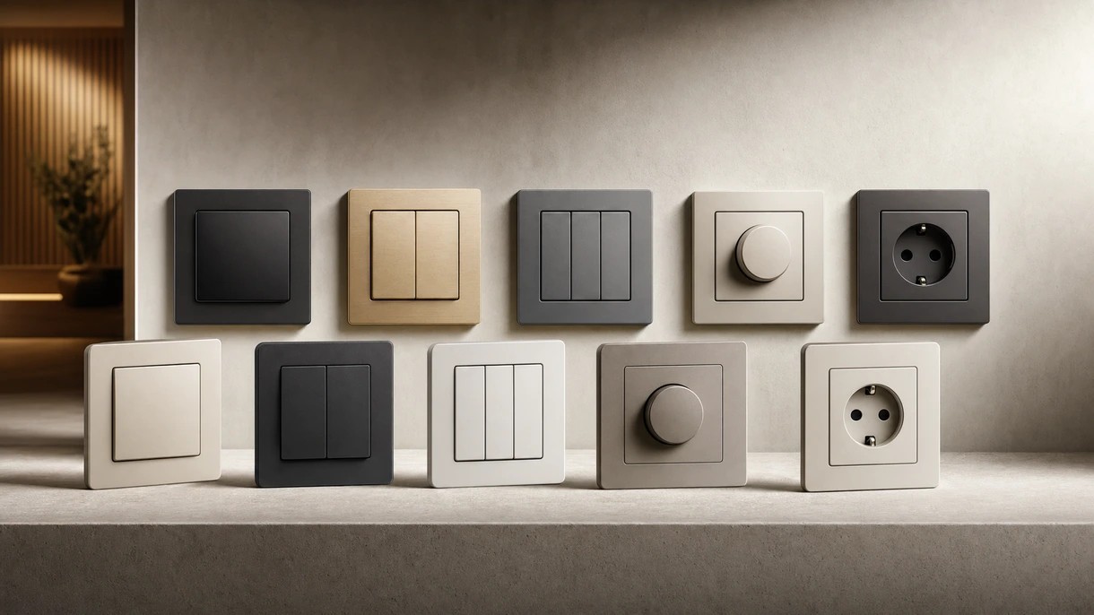 Minimalistischer, mattschwarzer Einbauschalter, installiert in einer modernen Bürowand, betont die nahtlose Integration und das professionelle Design.