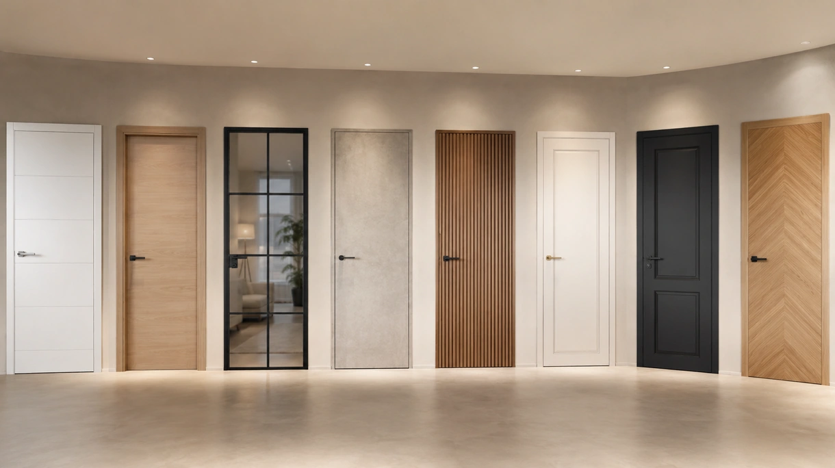 Minimalistische, flächenbündige Tür für den Innenbereich in einem Büroflur mit integriertem Smart Access und mattschwarzen Beschlägen.