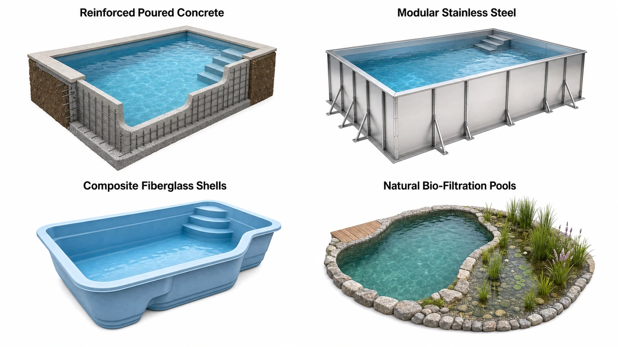 Technische Nahaufnahme eines Pool-Filtrationssystems einschließlich Pumpen mit variabler Drehzahl und automatisierten Einheiten zur Chemikaliendosierung in einem Technikraum.