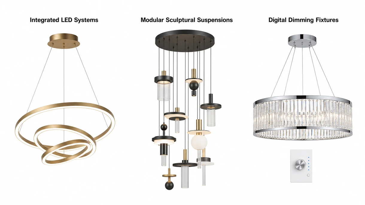 Technische Detailaufnahme eines modernen Kronleuchters mit Darstellung der integrierten LED-Module und präzisionsgefertigten Metallgehäusekomponenten.