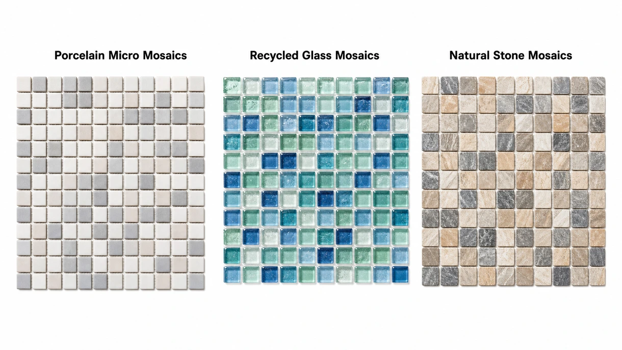Technische Makroansicht von netzverklebten Feinsteinzeug-Mosaikfliesen, die gleichmäßige Bogenabstände und konsistente Materialstärken für die Spezifikation zeigt.