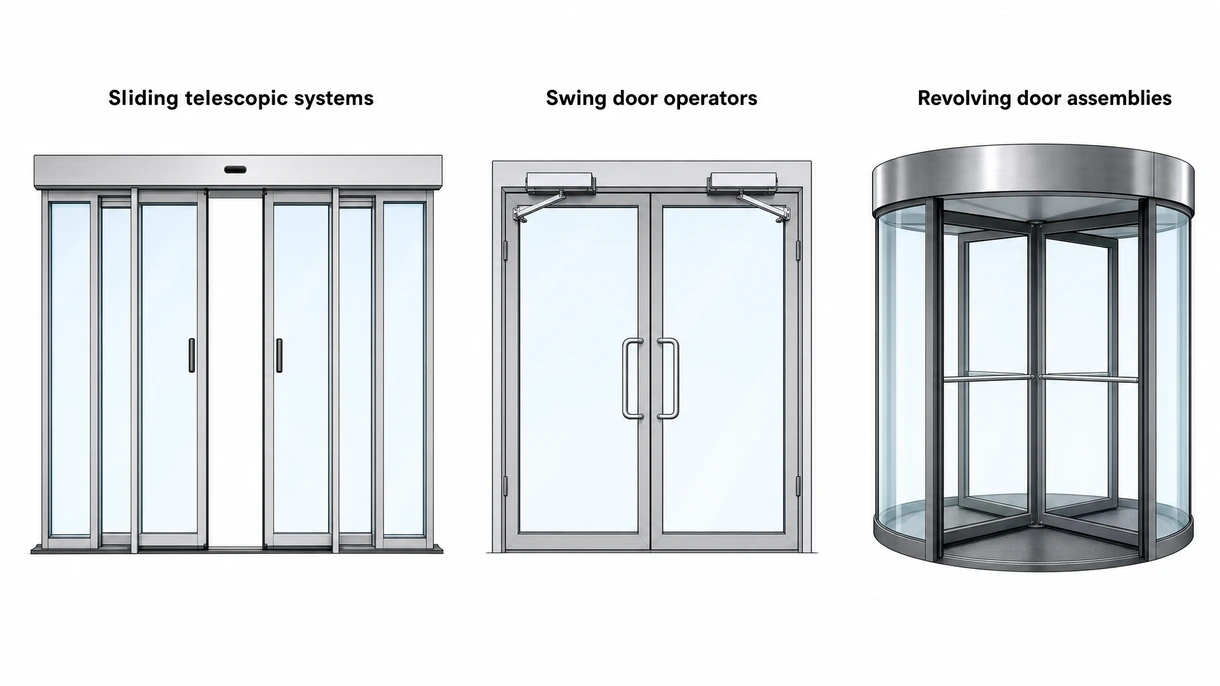 Detaillierte Nahaufnahme eines bürstenlosen Motors und einer Steuerungseinheit innerhalb einer Aluminium-Laufschiene eines automatischen Türsystems.