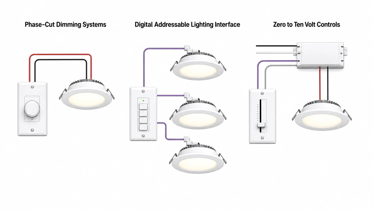 Technische Nahaufnahme eines Hochleistungs-LED-Treibers mit Anschlussklemmen und digitaler Dimmprotokoll-Schnittstelle für die Automatisierung.