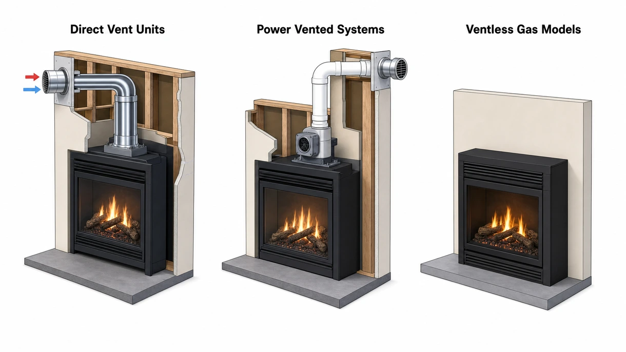 Detailaufnahme eines hocheffizienten Gasbrennersystems mit präzisen Flammenauslässen und Keramik-Holzscheit-Set.