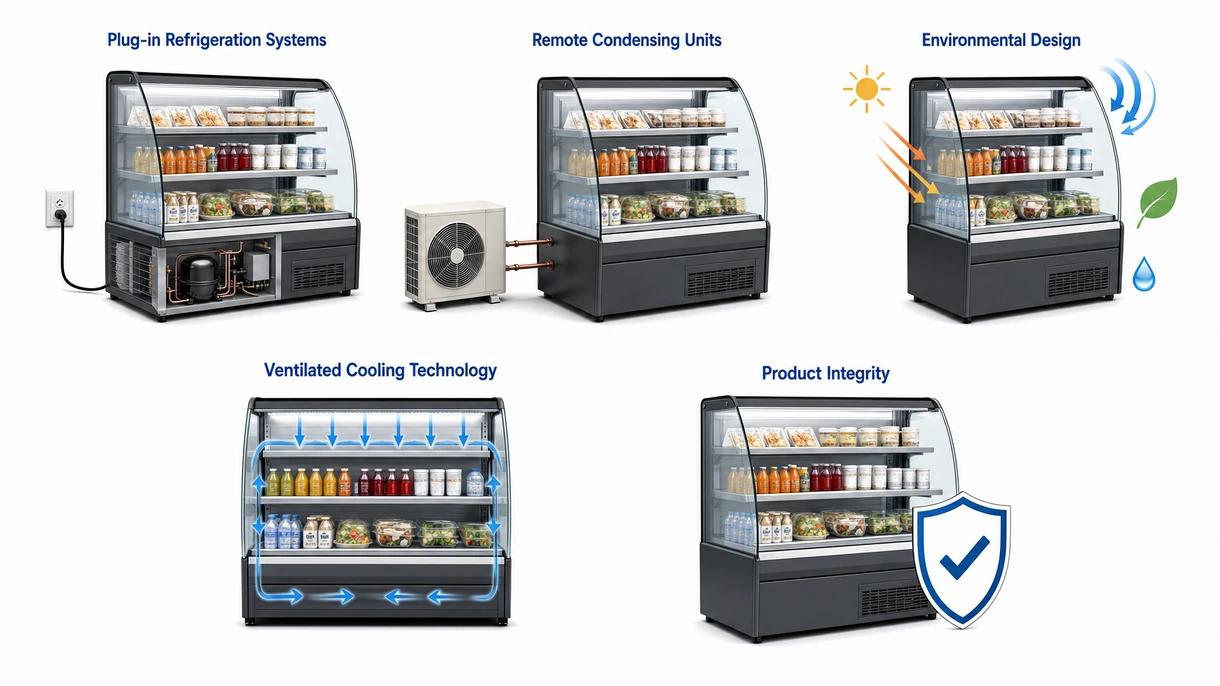 Technisches Detail eines hocheffizienten Verdampferpakets und eines digitalen Thermostats innerhalb eines professionellen Kühlsystems für den gewerblichen Einsatz.