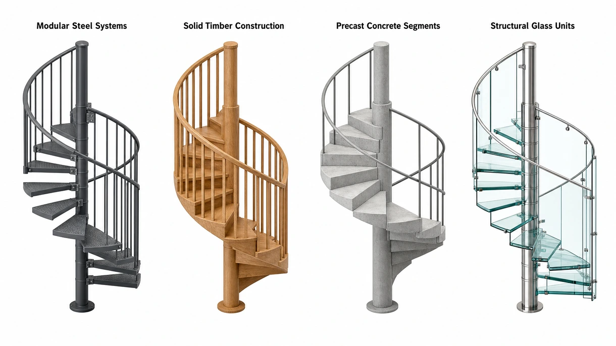 Technische Nahaufnahme der Zentralsäule einer modularen Wendeltreppe mit präzisionsgefertigten Stufenhalterungen und Bolzen.
