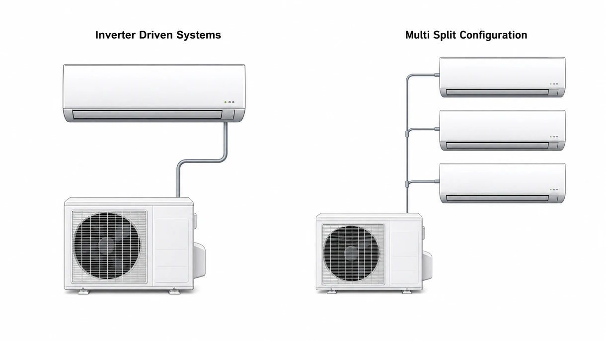 Detaillierte Nahaufnahme eines Inverter-Kompressors einer Split-Klimaanlage, die Wärmetauscherlamellen und Kupferrohre für eine technische Inspektion zeigt.