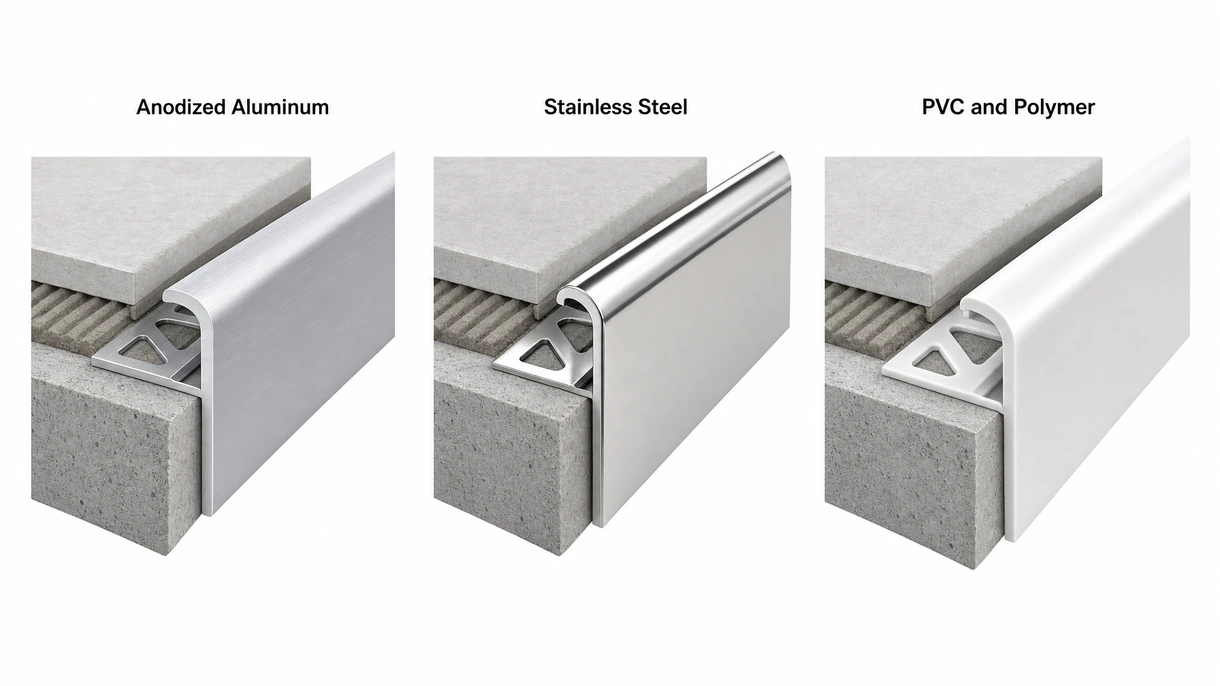 Technische Nahaufnahme eines L-förmigen Abschlussprofils aus Aluminium, die den gelochten Befestigungsschenkel und Details der eloxierten Oberfläche zeigt.