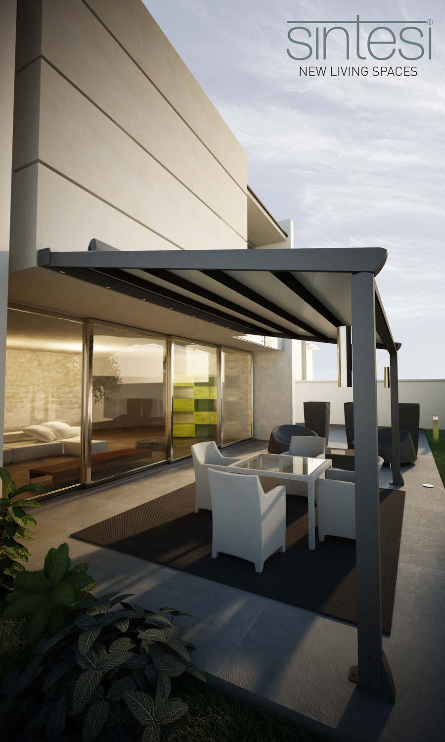 Angebaute Pergola - SINTESI - FRAMA ACTION - Aluminium / PVC Faltdach