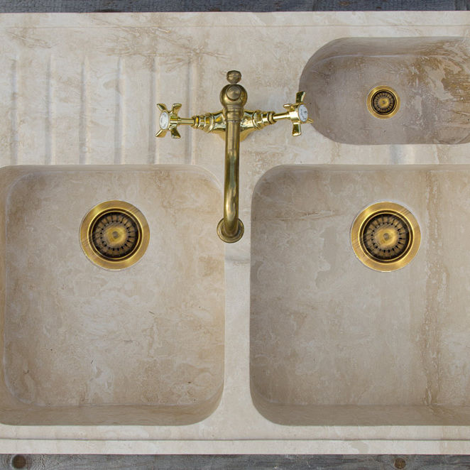 Dreifach-Spüle / Travertin / Stahlzellen / Abtropfflächen - ACQUAIO