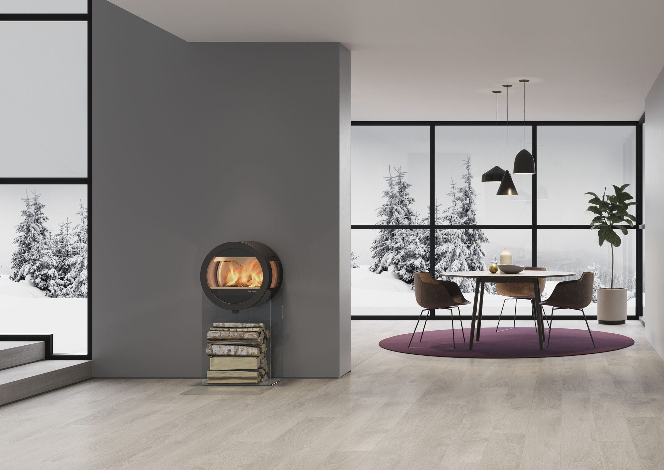 Holz-Kaminofen - ME - Nordpeis - 5 kW...10 kW / auf Füßen / mit 3  Sichtseiten
