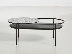 moderner Couchtisch / aus Eiche / Metall / Marmor