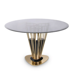 moderner Esstisch / aus Nussbaum / Rauchglas / poliertes Messing