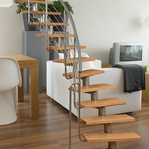 gerade Treppe / kreisförmig / Edelstahlgestell / Holzstufen