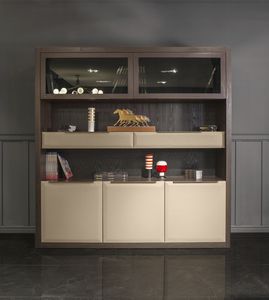 moderne Bibliothek / Holzfurnier / Glas / Leder