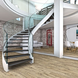 Spindeltreppe / Stahlstruktur / Holzstufen / ohne Setzstufe
