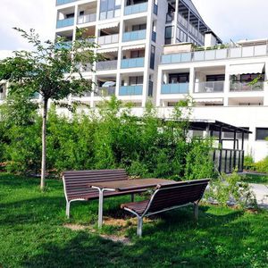 moderner Picknicktisch / aus Laubholz / mit Fußgestell aus galvanisiertem Stahl / rechteckig