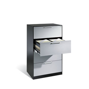 niedriger Aktenschrank / Holzfurnier / Stahl / Glas