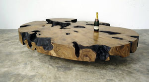 moderner Couchtisch / versteinertes Holz / Innenraum