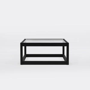 moderner Couchtisch / Glas / mit Fußgestell aus Eiche / quadratisch