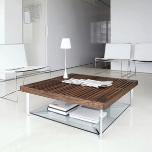 moderner Couchtisch / aus Nussbaum / Hartglas / Chromstahl