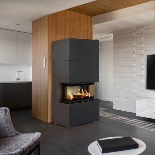 Holzkamin - HEB/BLACK - KRATKI - freistehend / für Wandmontage / mit 3 Sichtseiten