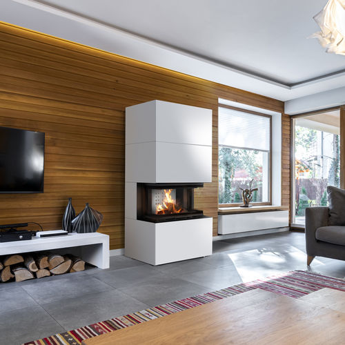 Holzkamin - HEB/BIANCO - KRATKI - freistehend / für Wandmontage / mit 3 Sichtseiten