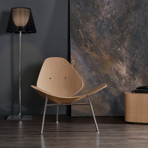 Sessel / minimalistisches Design - KRAM - Infiniti - genarbtes Rindleder / Stoff / Eiche