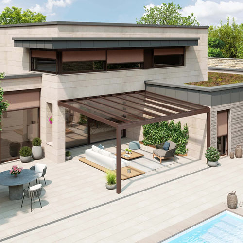Angebaute Pergola - NYON PLUS - STOBAG - Aluminium / mit Stoffüberdachung / Glas-Überdachungen