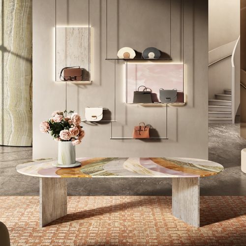 Moderner Esstisch - MAREA - BUDRI - Travertin / Onyx / Gestell aus Marmor