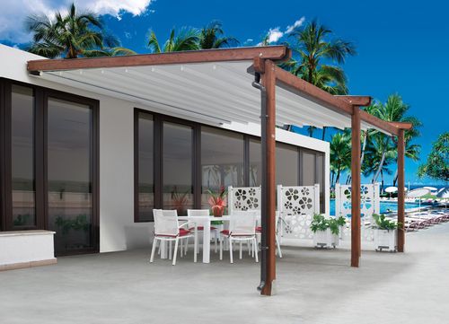 Angebaute Pergola - ONDALEVEL - IL CEPPO - Holz / PVC Faltdach / für Gewerbegebrauch