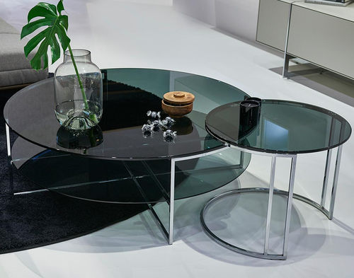 Moderner Couchtisch - CT 250 - hülsta - Rauchglas / Gestell aus verchromtem Metall / rund