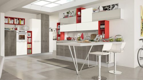 Moderne Küche - NOEMI - CUCINE LUBE - Holzfurnier / mit Griffen / lackiert