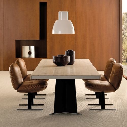 Moderner Esstisch - LIBRA - Minotti - Metall / Holzfurnier / MDF