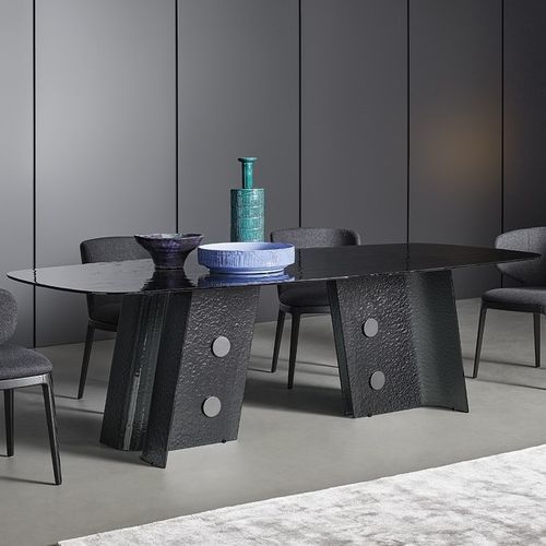Moderner Esstisch - Botón - BONALDO - Hartglas / Rauchglas / Gestell aus gestrichenem Metall
