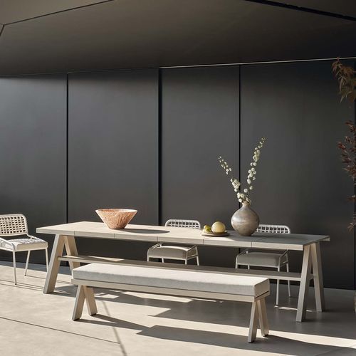 Moderner Tisch - JOI OPEN AIR - MERIDIANI - UHPC Ductal© Beton / Gestell aus Iroko / rechteckig
