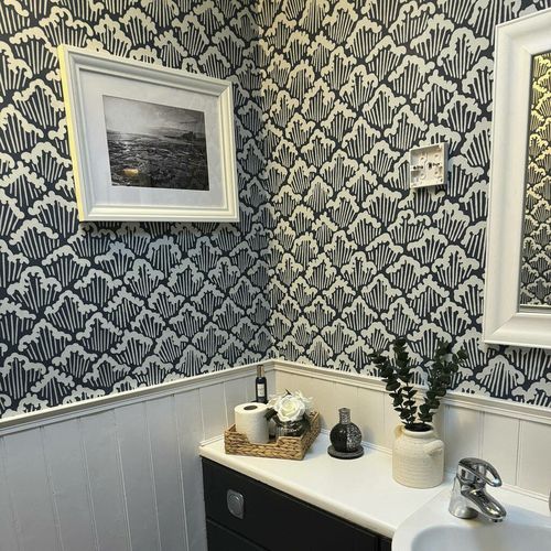 Moderne Tapete - ARANAMI series - Farrow & Ball - geometrisches Muster / blau / grün
