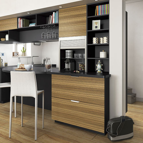 Moderne Küche - AMBIANCE RÉTRO - Mobalpa - Holzfurnier / Laminat / L-förmig