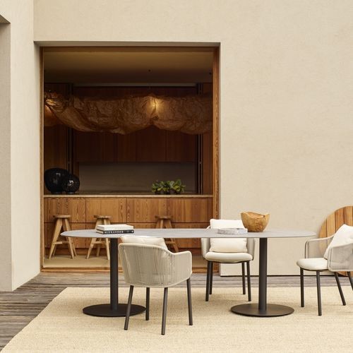 Moderner Esstisch - T-TABLE  - Tribù - Lavastein / Gestell aus rostfreiem Edelstahl / oval