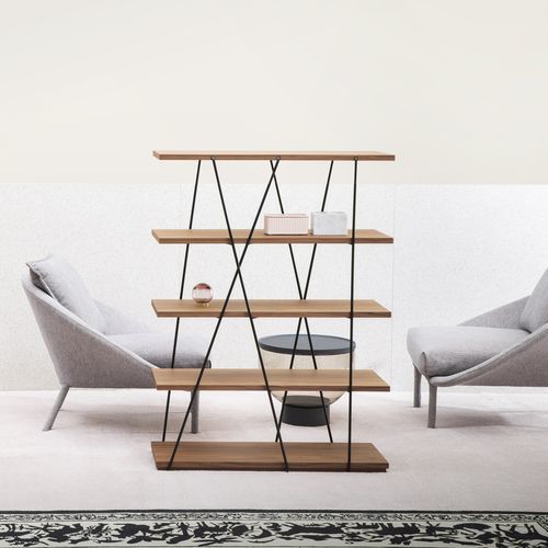Modernes Regal - Matassa - miniforms - Eiche / Nussbaum / lackiertes Metall