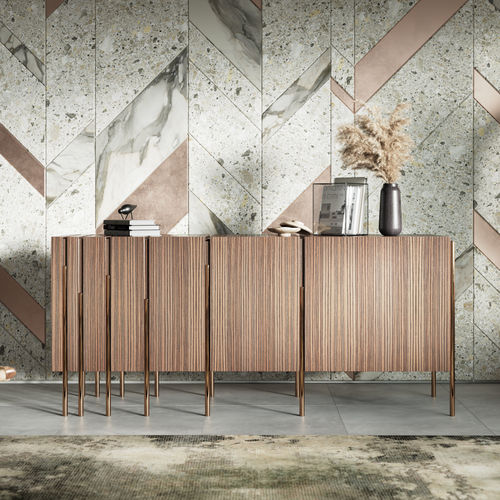 Modernes Sideboard - FIBONACCI - OVATION Paris - Holzfurnier / hochglanzlackiertes Holz / Mahagoni