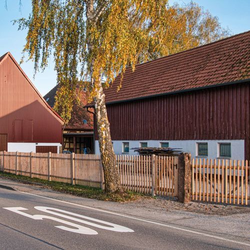 Lamellenzaun - SENKRECHTZAUN - Braun Wuerfele - für Wohnhaus / Kiefer / Lärche