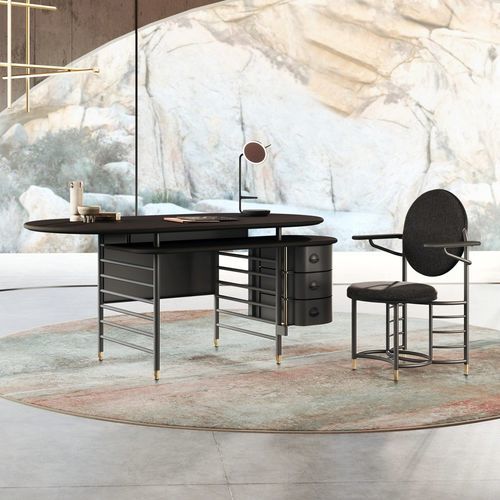 Bodenstehender Schreibtisch - RACINE  - Steelcase - modern / Messing / Nussbaum