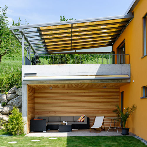 Vordach für Terrasse - TD 1 - Schenker Stores - Aluminium / Tuch / Glas