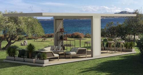 Selbsttragende Pergola - SLIGHT - STUDIO 66 - Outdoor Creations - Aluminium / mit orientierbaren Lamellen / mit Stoffüberdachung