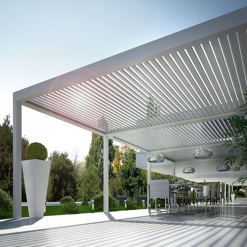 Angebaute Pergola - BIOSHADE  - DIRELLO S.R.L - Aluminium / mit orientierbaren Lamellen / mit Sonnenschutzlamellen